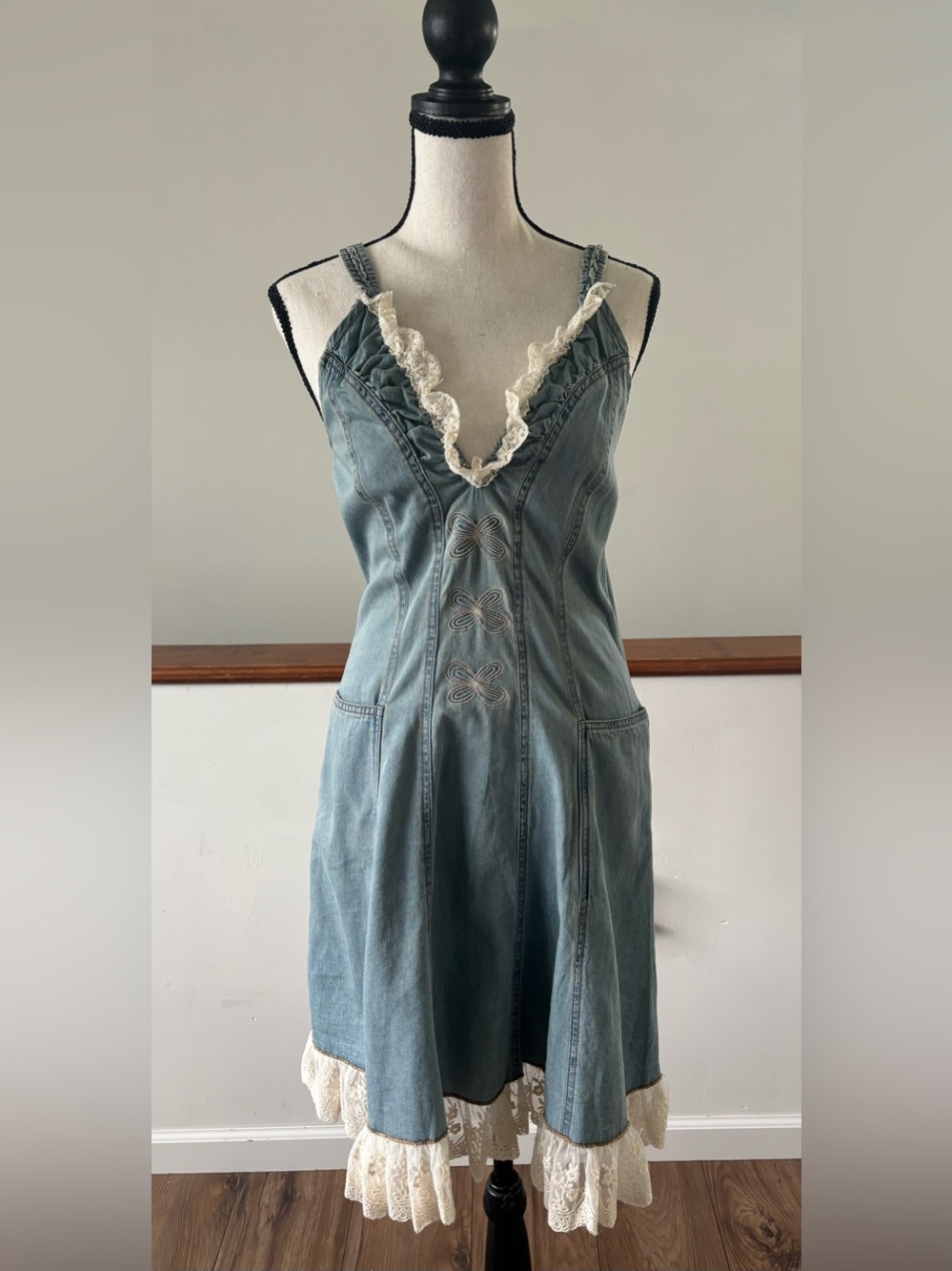 Oyrosy Boho Lace Denim Retro Dress Size Small